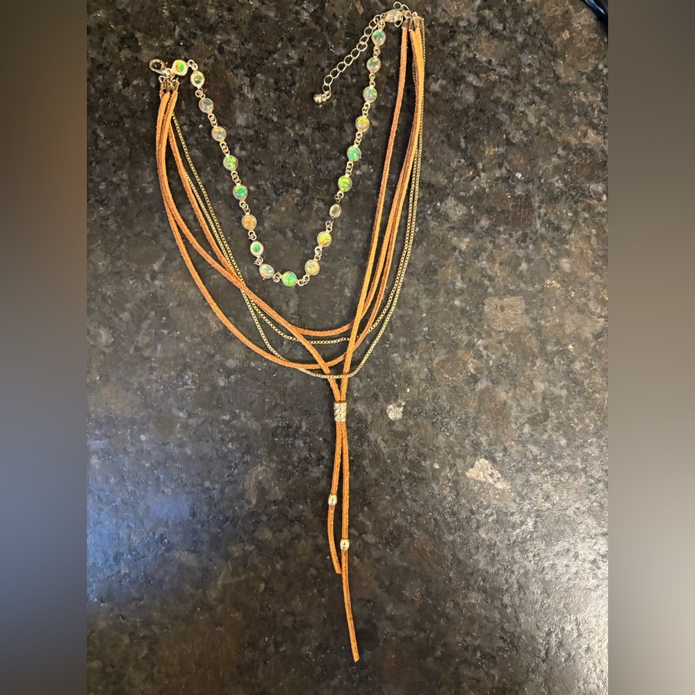 Brown and Gold Layered Necklace with Pendant